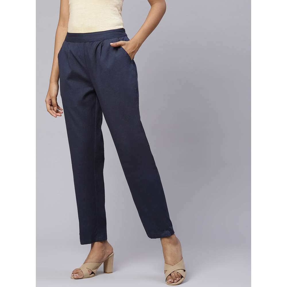Svarchi Cotton Flax Solid Straight Trouser Pant Navy Blue