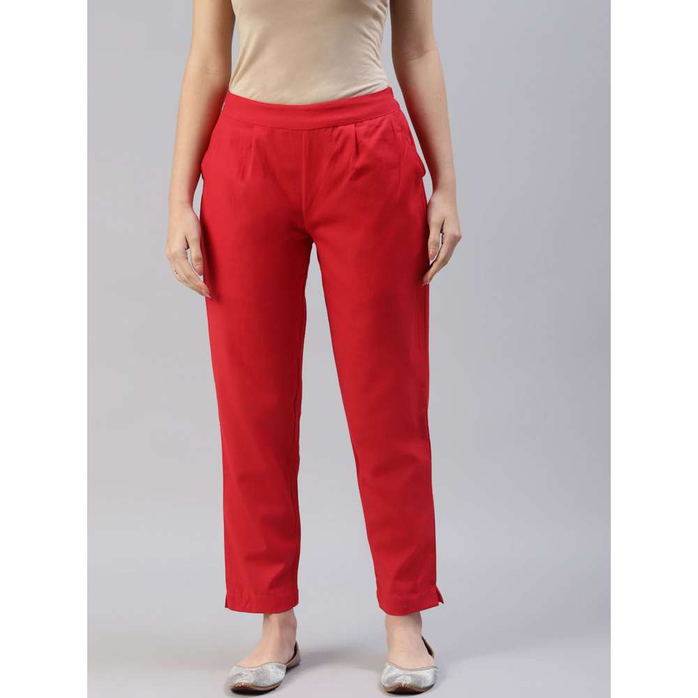 Svarchi Cotton Flax Solid Straight Trouser Pant Red