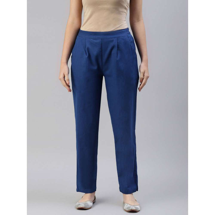 Svarchi Cotton Flax Solid Straight Trouser Pant Royal Blue