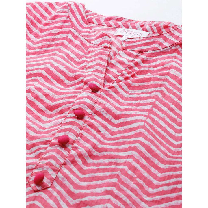 Svarchi Cotton Cambric Zig Zag Printed Straight Kurti Pink