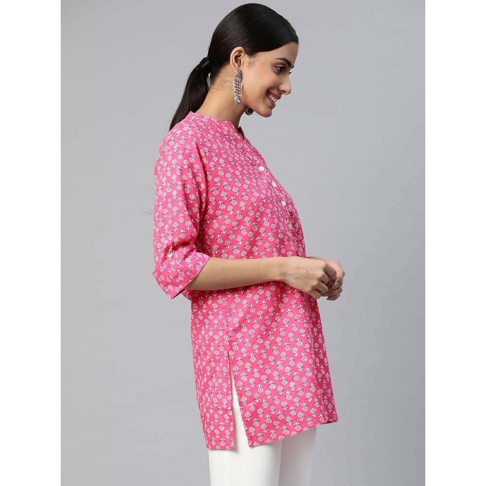 Svarchi Cotton Cambric Block Print Straight Tunic Pink