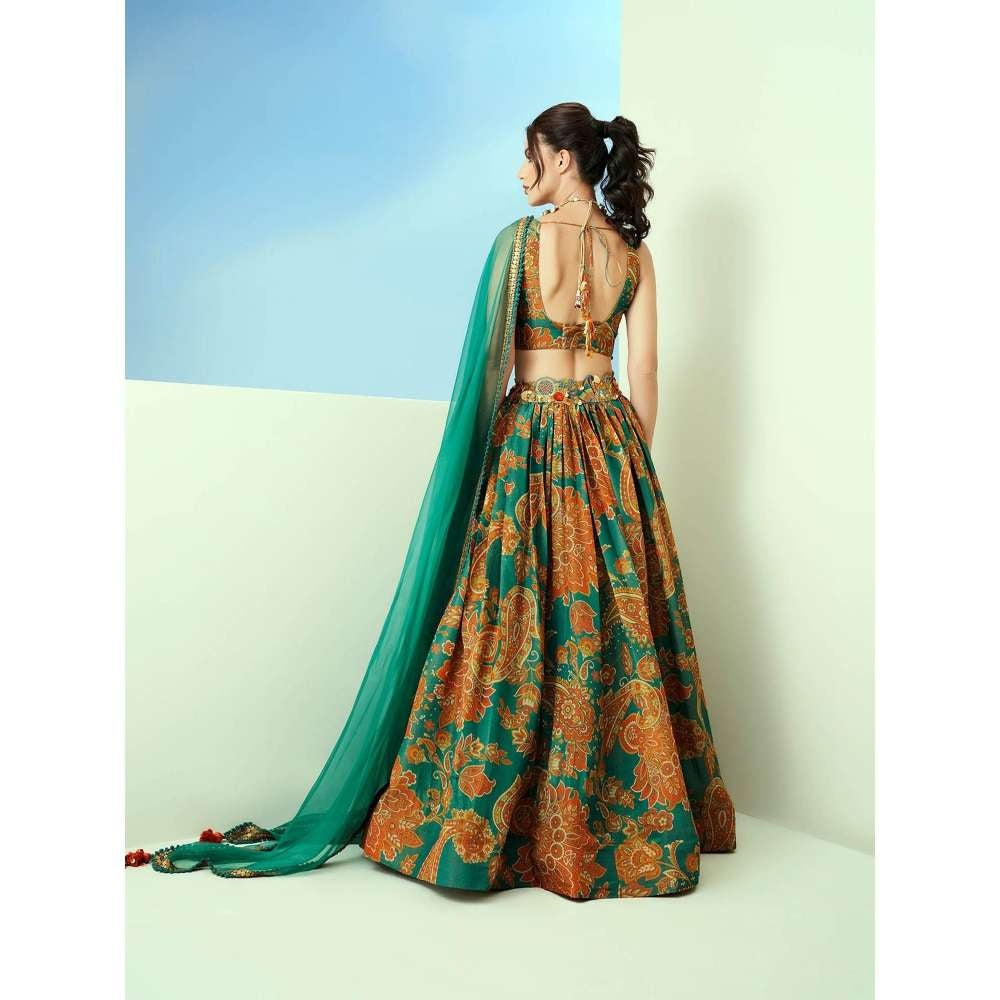 TAAVARE Blue Printed Tissue Waist Lehenga Blouse Organza Dupatta (Set of 3)