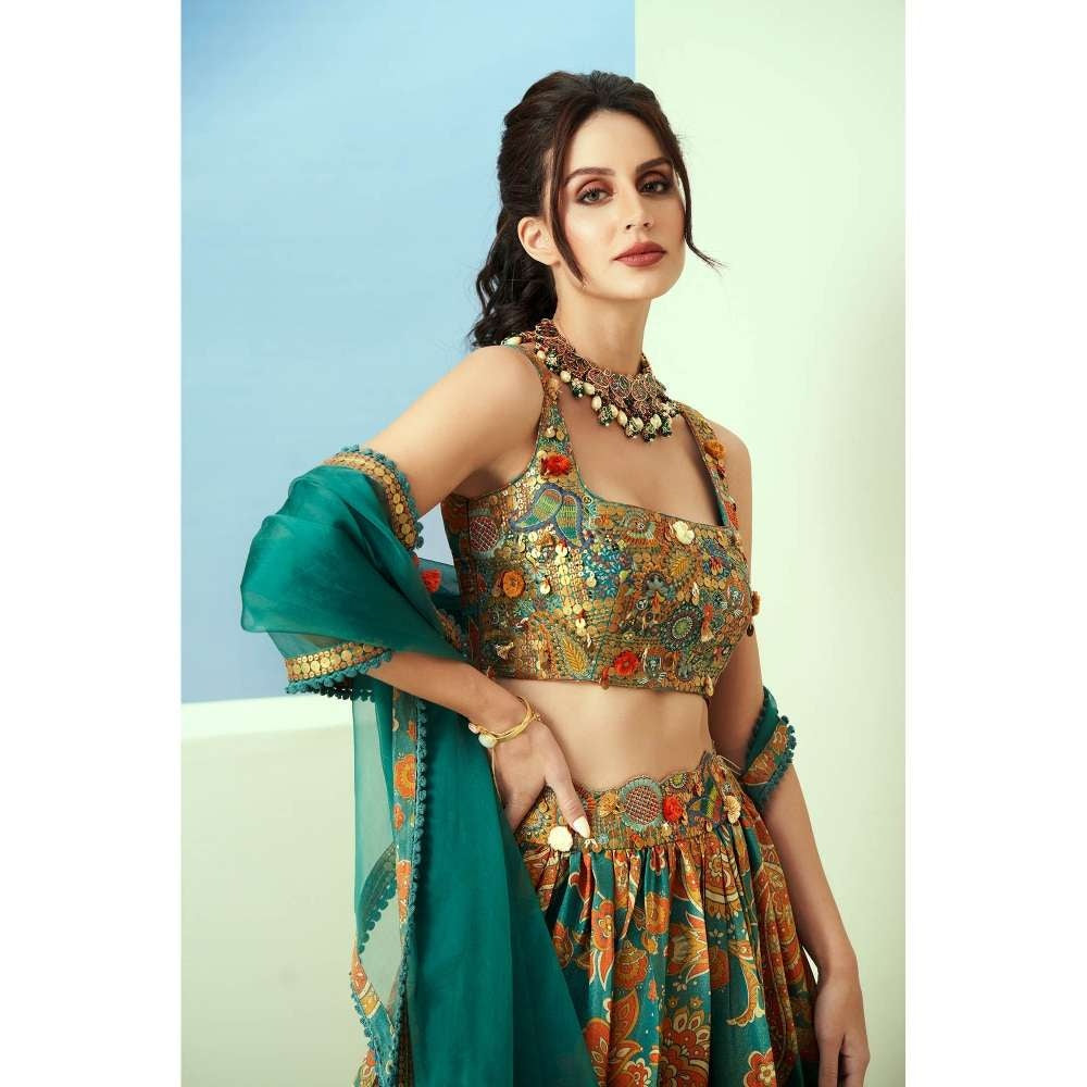 TAAVARE Blue Printed Tissue Waist Lehenga Blouse Organza Dupatta (Set of 3)