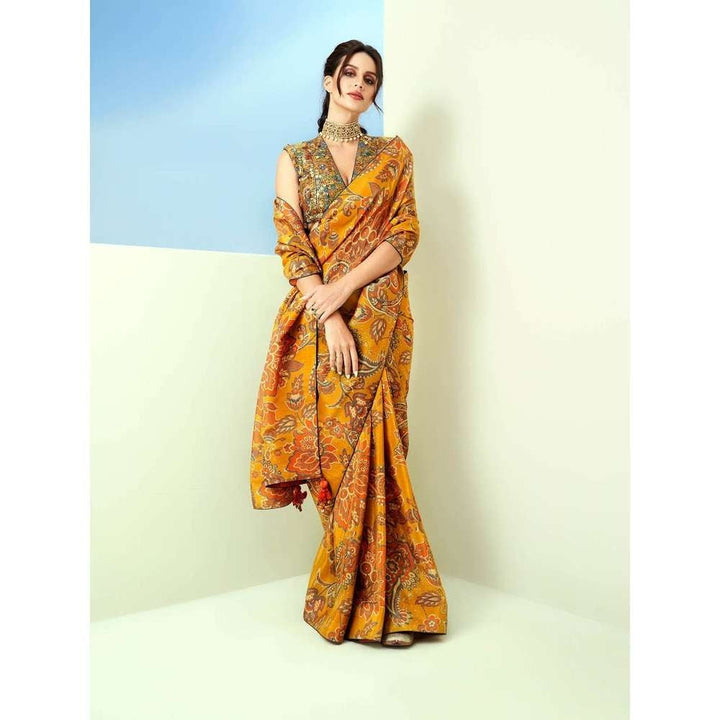 TAAVARE Yellow Printed Tissue Saree and V-Neck Embroidered with Stiched Blouse