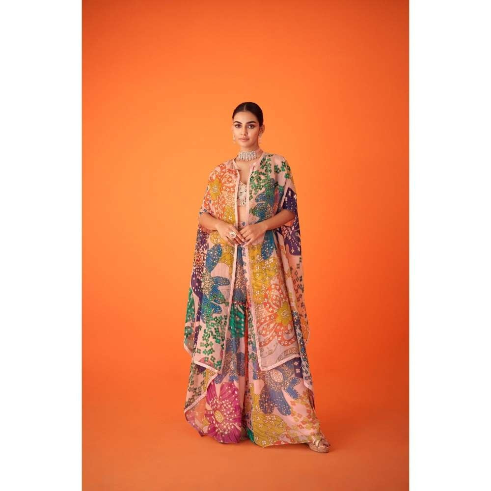 TAAVARE Peach Printed Organza Cape Paired with Sharara Pants & Embellished Bustier (Set of 3)