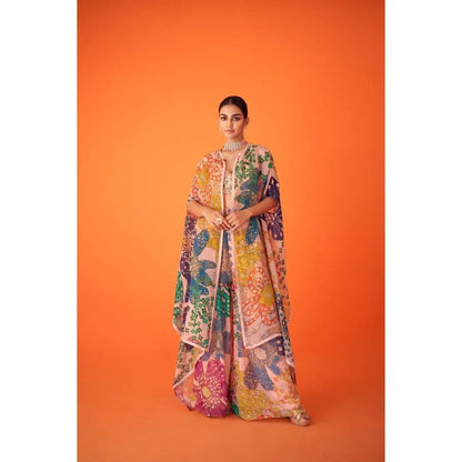 TAAVARE Peach Printed Organza Cape Paired with Sharara Pants & Embellished Bustier (Set of 3)