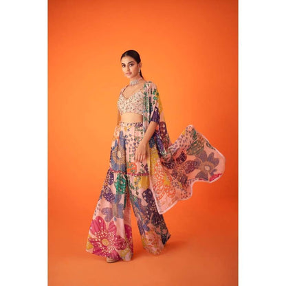 TAAVARE Peach Printed Organza Cape Paired with Sharara Pants & Embellished Bustier (Set of 3)