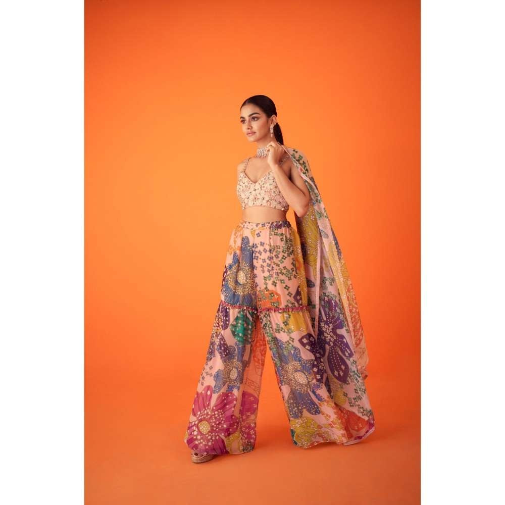 TAAVARE Peach Printed Organza Cape Paired with Sharara Pants & Embellished Bustier (Set of 3)