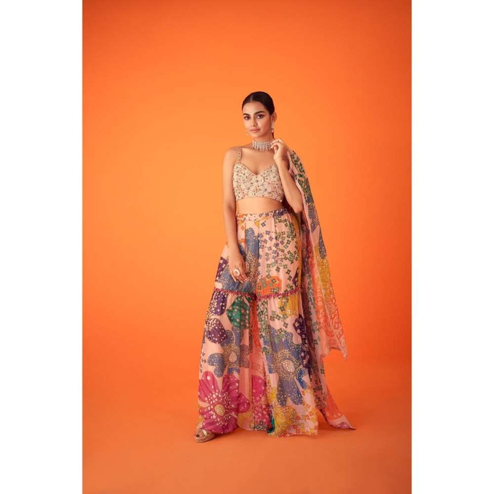 TAAVARE Peach Printed Organza Cape Paired with Sharara Pants & Embellished Bustier (Set of 3)