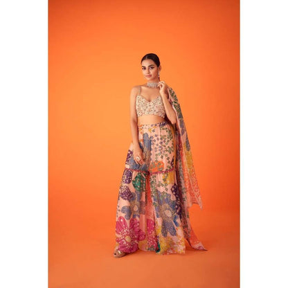 TAAVARE Peach Printed Organza Cape Paired with Sharara Pants & Embellished Bustier (Set of 3)