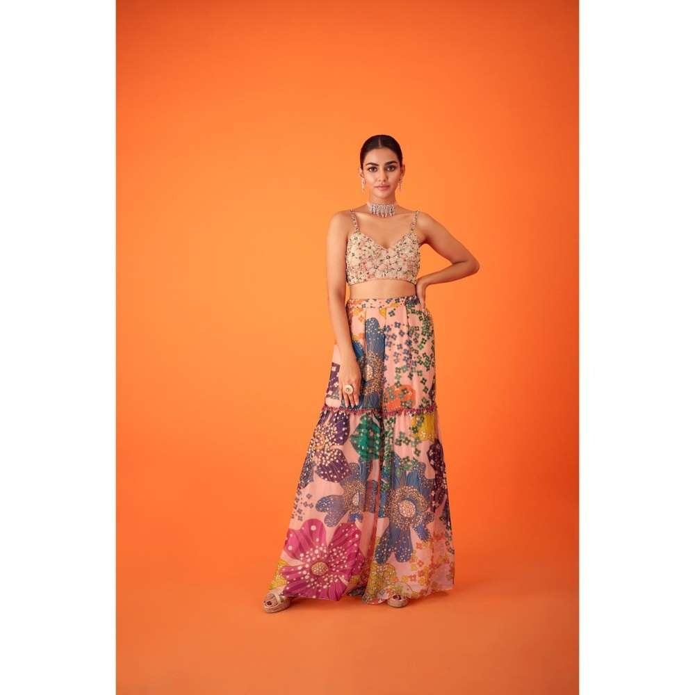 TAAVARE Peach Printed Organza Cape Paired with Sharara Pants & Embellished Bustier (Set of 3)