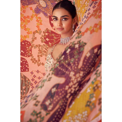 TAAVARE Peach Printed Organza Cape Paired with Sharara Pants & Embellished Bustier (Set of 3)