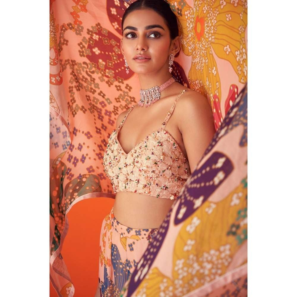 TAAVARE Peach Printed Organza Cape Paired with Sharara Pants & Embellished Bustier (Set of 3)