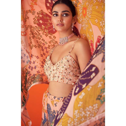 TAAVARE Peach Printed Organza Cape Paired with Sharara Pants & Embellished Bustier (Set of 3)