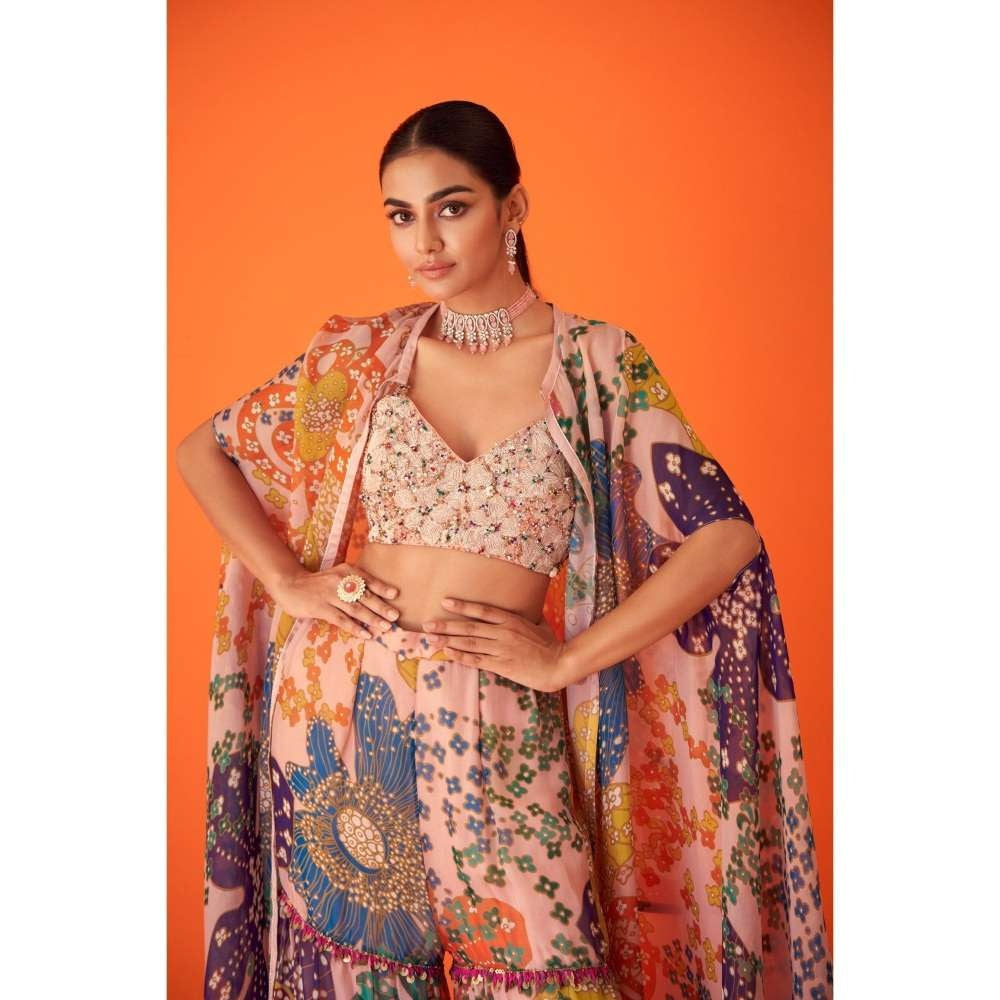 TAAVARE Peach Printed Organza Cape Paired with Sharara Pants & Embellished Bustier (Set of 3)