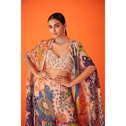 TAAVARE Peach Printed Organza Cape Paired with Sharara Pants & Embellished Bustier (Set of 3)
