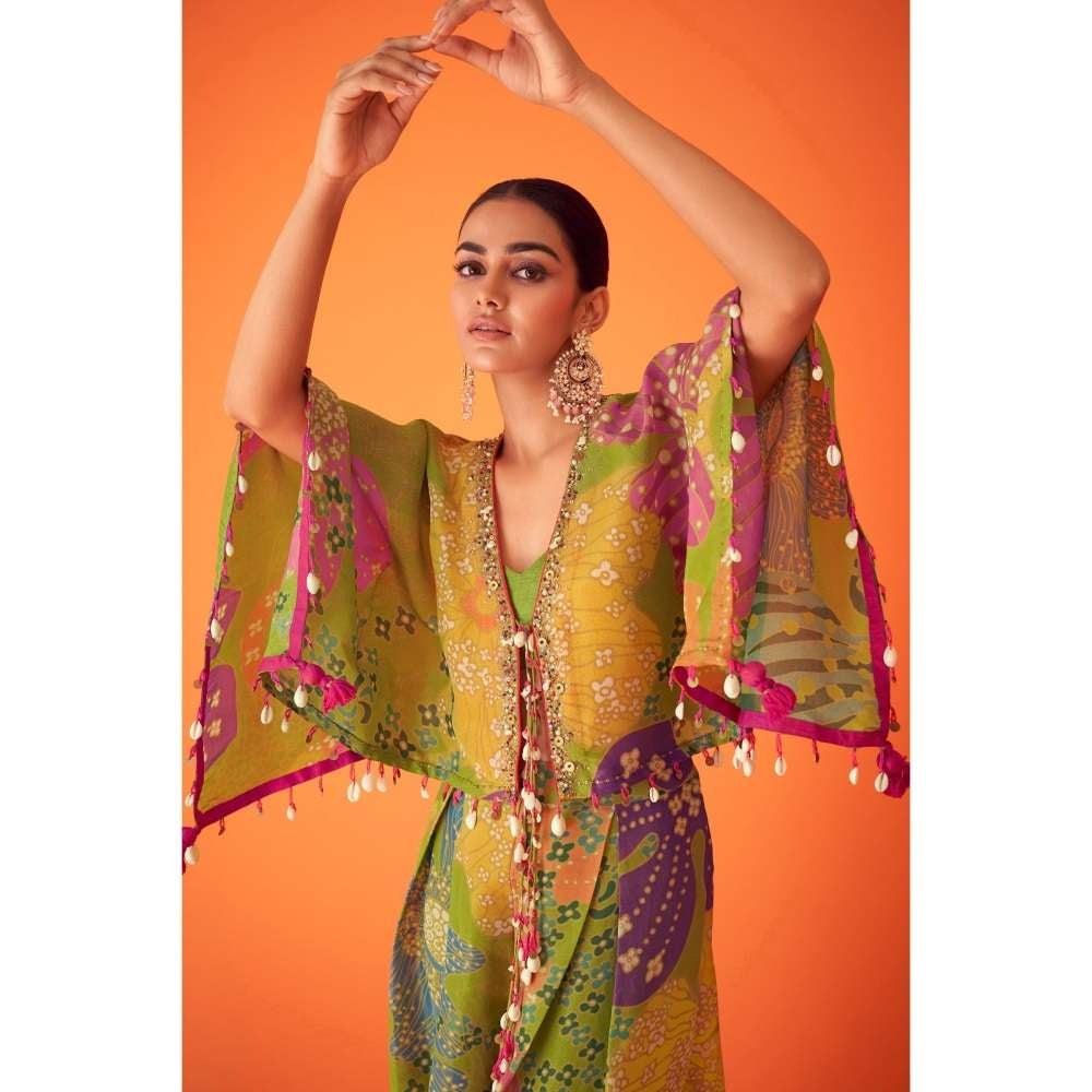 TAAVARE Green Printed Tissue Organza Short Kaftan Paired with Pants & Bustier (Set of 3)