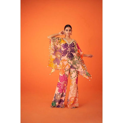 TAAVARE Peach Printed Organza V-Neck Embellished Kaftan & Pant & Bustier (Set of 3)