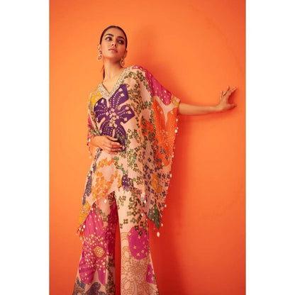 TAAVARE Peach Printed Organza V-Neck Embellished Kaftan & Pant & Bustier (Set of 3)