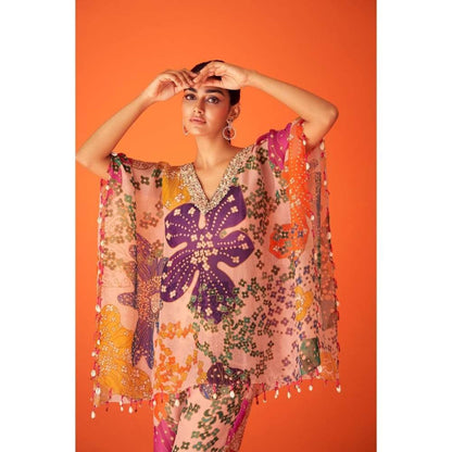 TAAVARE Peach Printed Organza V-Neck Embellished Kaftan & Pant & Bustier (Set of 3)