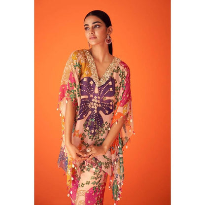TAAVARE Peach Printed Organza V-Neck Embellished Kaftan & Pant & Bustier (Set of 3)