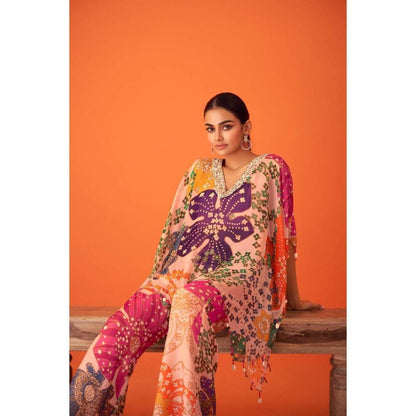 TAAVARE Peach Printed Organza V-Neck Embellished Kaftan & Pant & Bustier (Set of 3)