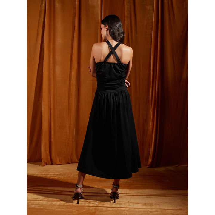 tara and i Black Ruched Cross Strapped Midi Dress