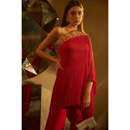 TASUVURE Ayvah One Shoulder Embroidered Cape with Pants - Magenta Pink (Set of 2)