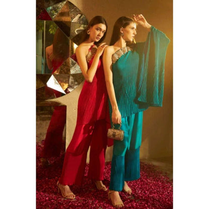 TASUVURE Ayvah One Shoulder Embroidered Cape with Pants - Magenta Pink (Set of 2)