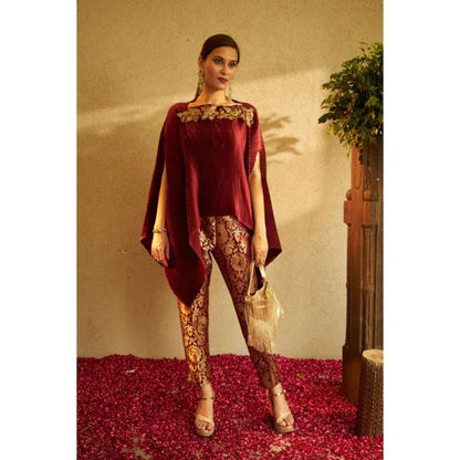 TASUVURE Divine Embroidered Cape with Brocade Pants - Maroon (Set of 2)