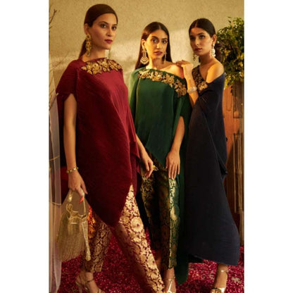 TASUVURE Divine Embroidered Cape with Brocade Pants - Maroon (Set of 2)