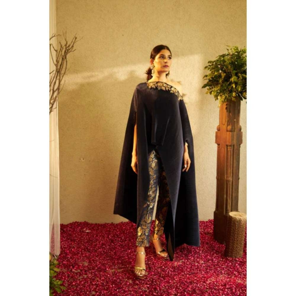 TASUVURE Divine Embroidered Cape with Brocade Pants - Navy Blue (Set of 2)