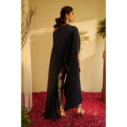 TASUVURE Divine Embroidered Cape with Brocade Pants - Navy Blue (Set of 2)