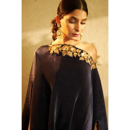 TASUVURE Divine Embroidered Cape with Brocade Pants - Navy Blue (Set of 2)