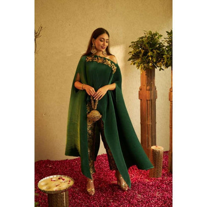 TASUVURE Divine Embroidered Cape with Brocade Pants - Green (Set of 2)