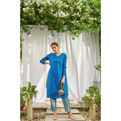TASUVURE Elegant Pleated & Brocade Tunic - Teal Blue (Set of 2)