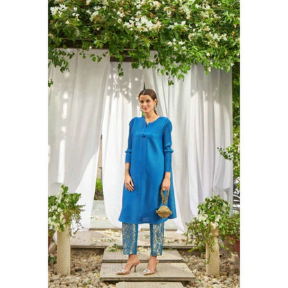 TASUVURE Elegant Pleated & Brocade Tunic - Teal Blue (Set of 2)