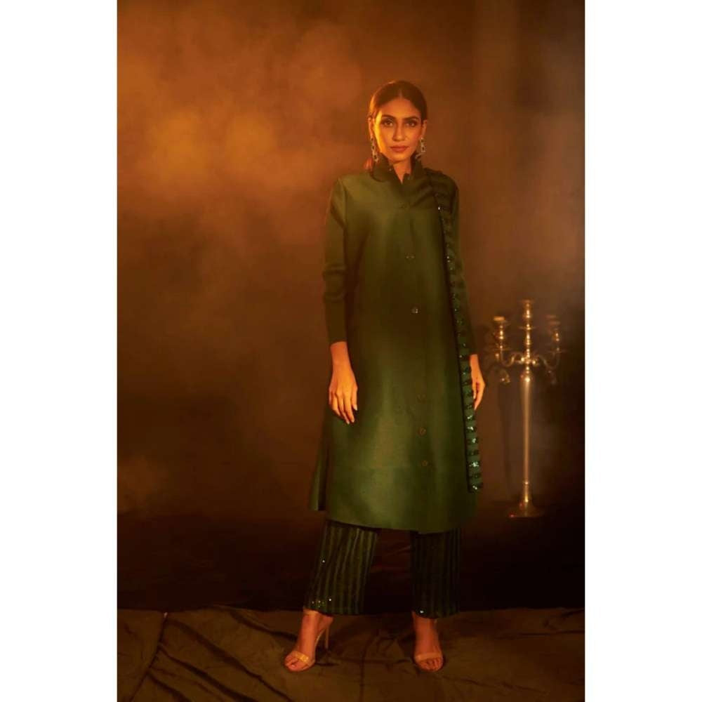 TASUVURE Bandgala Tunic with Sequins Pant and Sequins Scarf - Green (Set of 3)