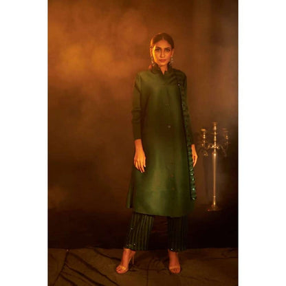 TASUVURE Bandgala Tunic with Sequins Pant and Sequins Scarf - Green (Set of 3)