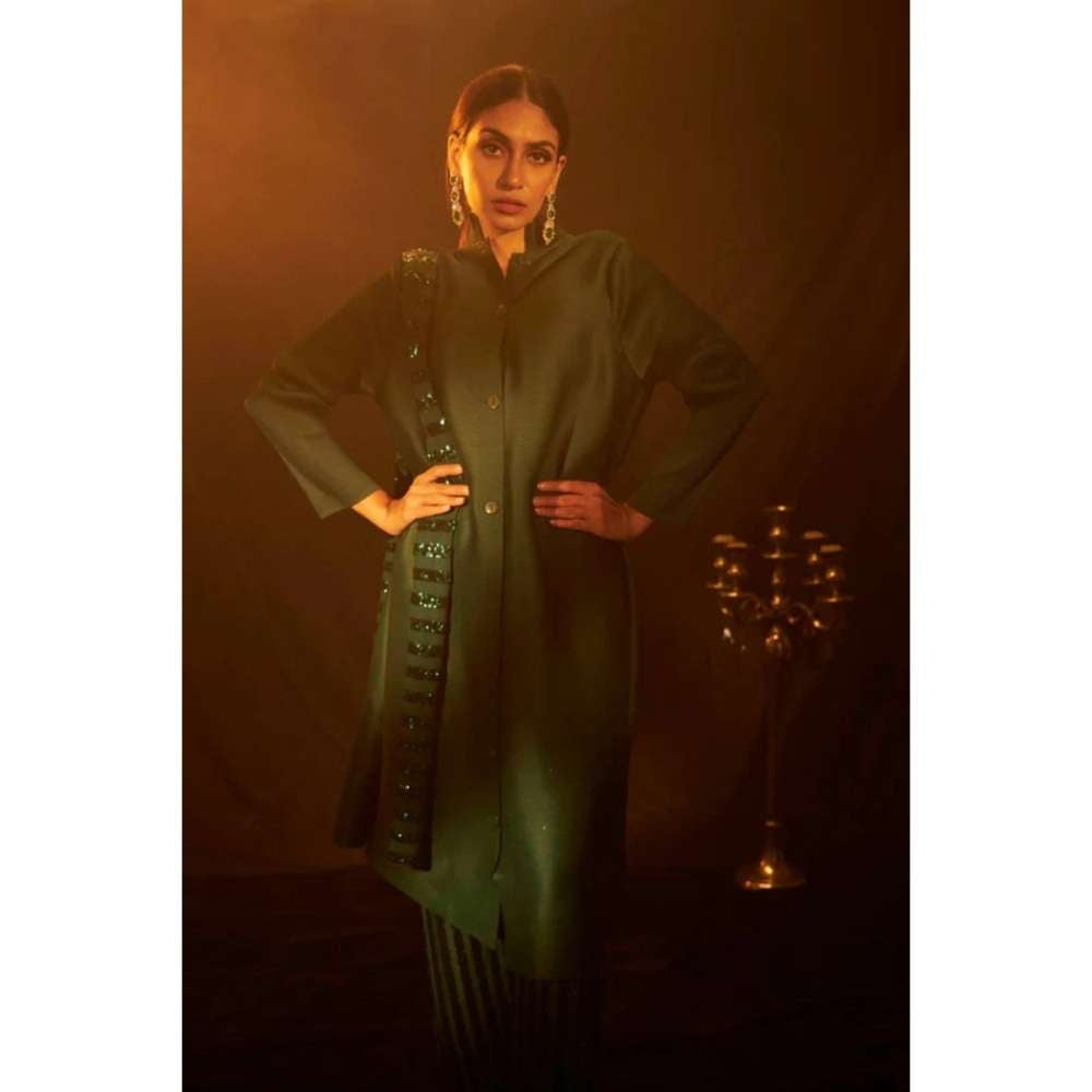 TASUVURE Bandgala Tunic with Sequins Pant and Sequins Scarf - Green (Set of 3)