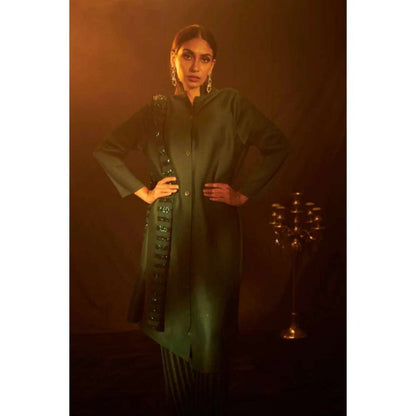 TASUVURE Bandgala Tunic with Sequins Pant and Sequins Scarf - Green (Set of 3)