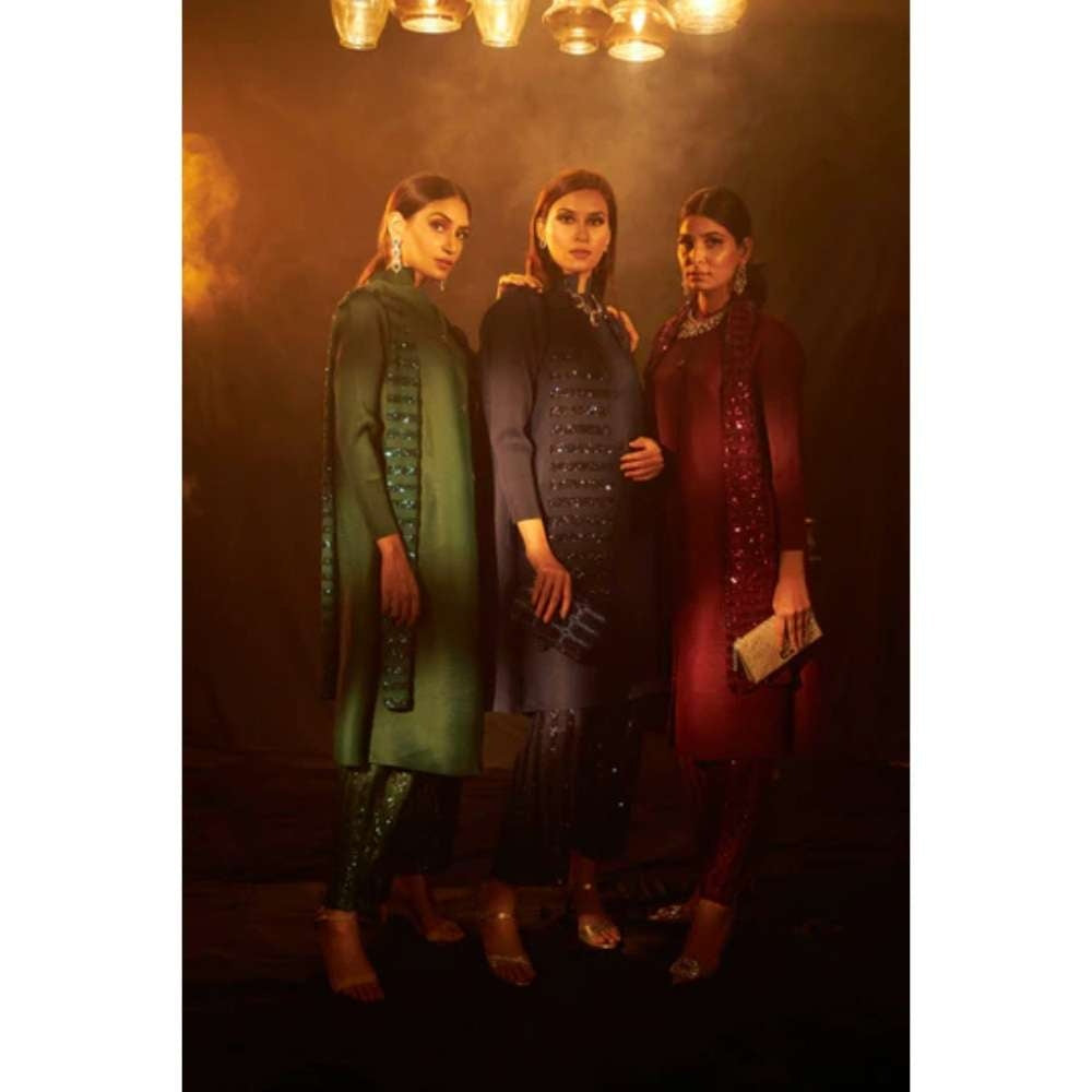 TASUVURE Bandgala Tunic with Sequins Pant and Sequins Scarf - Green (Set of 3)