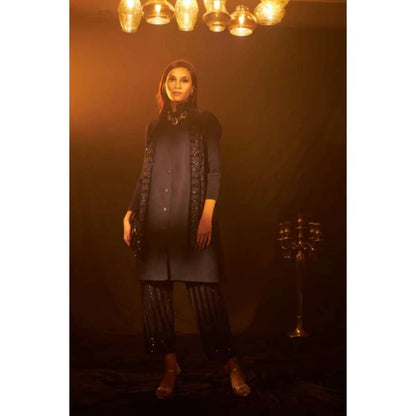 TASUVURE Bandgala Tunic with Sequins Pant and Sequins Scarf - Purple (Set of 3)