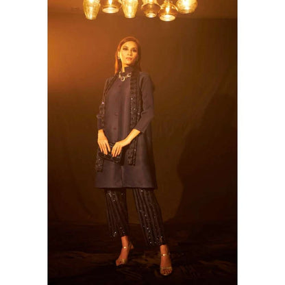 TASUVURE Bandgala Tunic with Sequins Pant and Sequins Scarf - Purple (Set of 3)