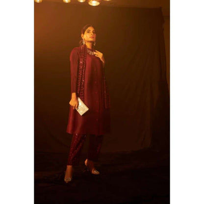 TASUVURE Bandgala Tunic with Sequins Pant and Sequins Scarf - Maroon (Set of 3)