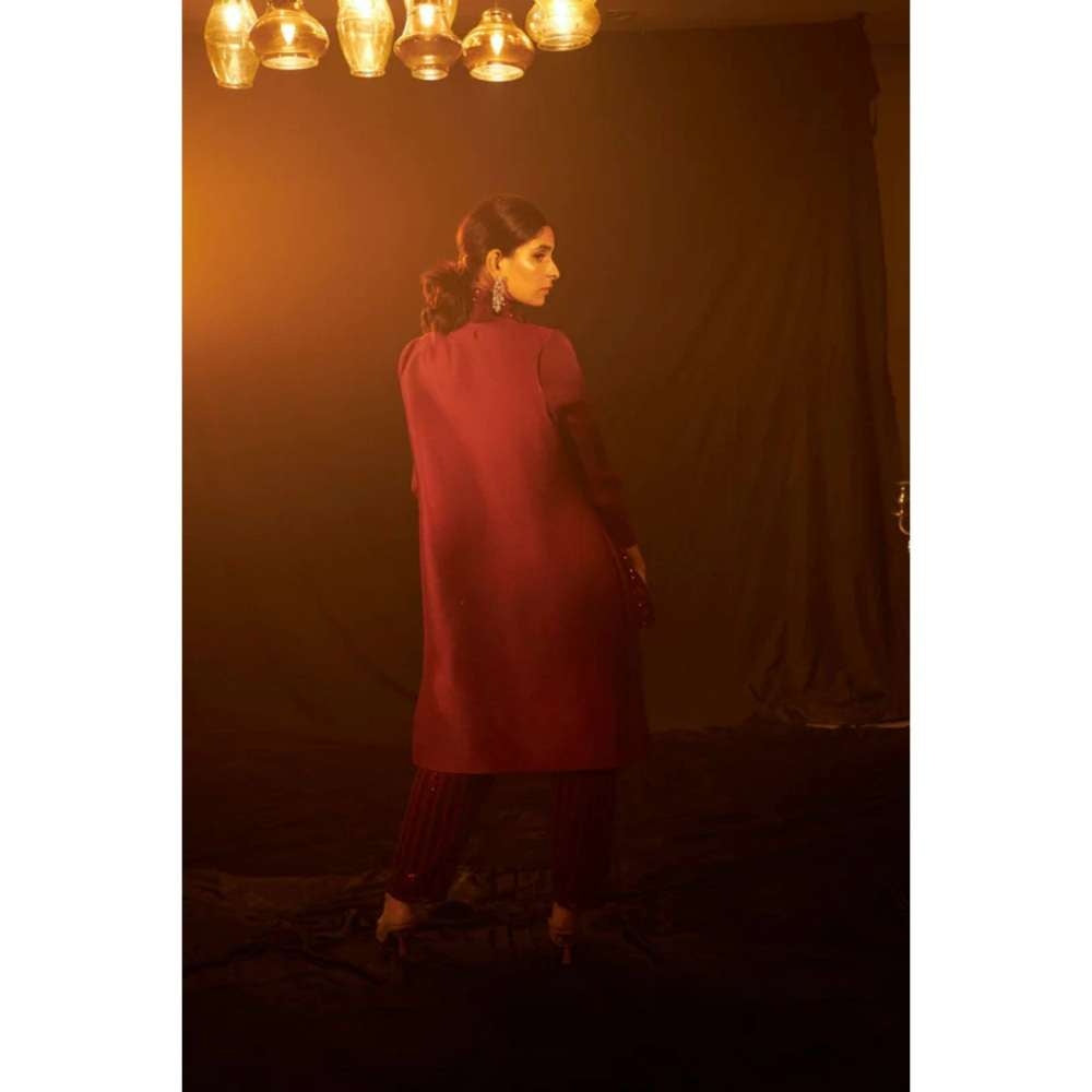TASUVURE Bandgala Tunic with Sequins Pant and Sequins Scarf - Maroon (Set of 3)