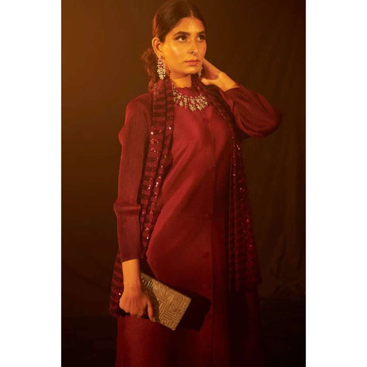 TASUVURE Bandgala Tunic with Sequins Pant and Sequins Scarf - Maroon (Set of 3)