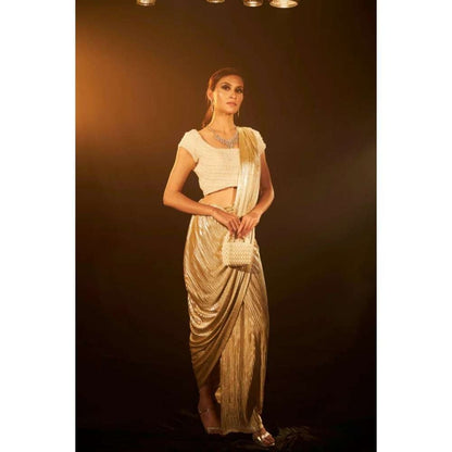 TASUVURE Saia Metallic Slit Saree with Cap Sleeve Stitched Blouse - Gold