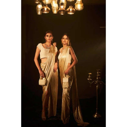 TASUVURE Saia Metallic Slit Saree with Cap Sleeve Stitched Blouse - Gold