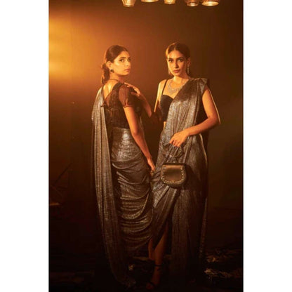 TASUVURE Saia Metallic Slit Saree with Embellished Pearl Stitched Blouse - Black